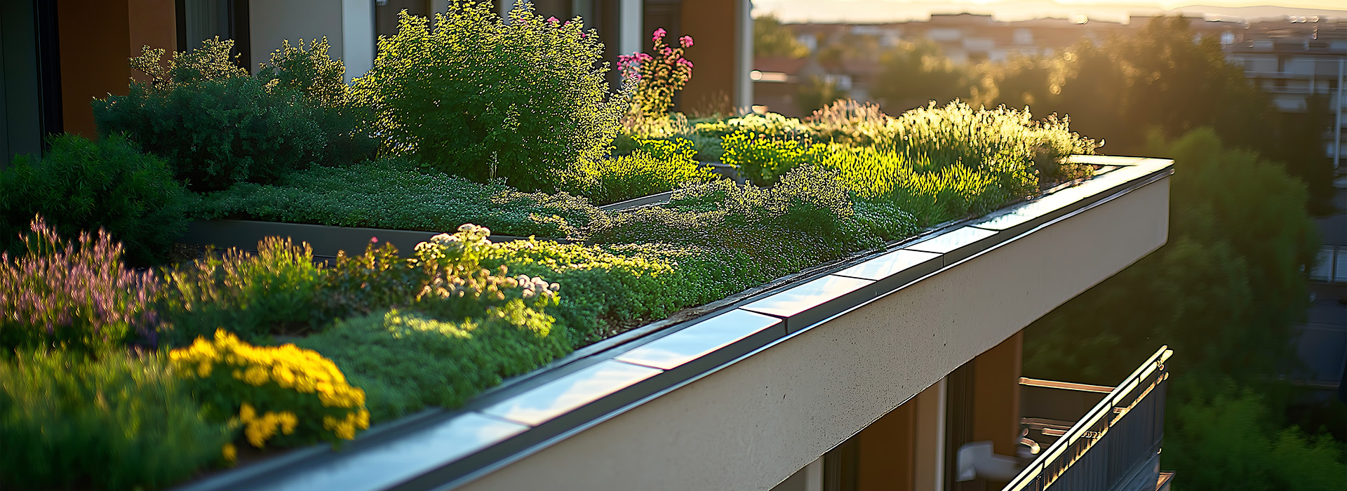 dachbegruenung-winterbauer Flachdach eines Hauses mit Pflanze und Sonnenuntergang